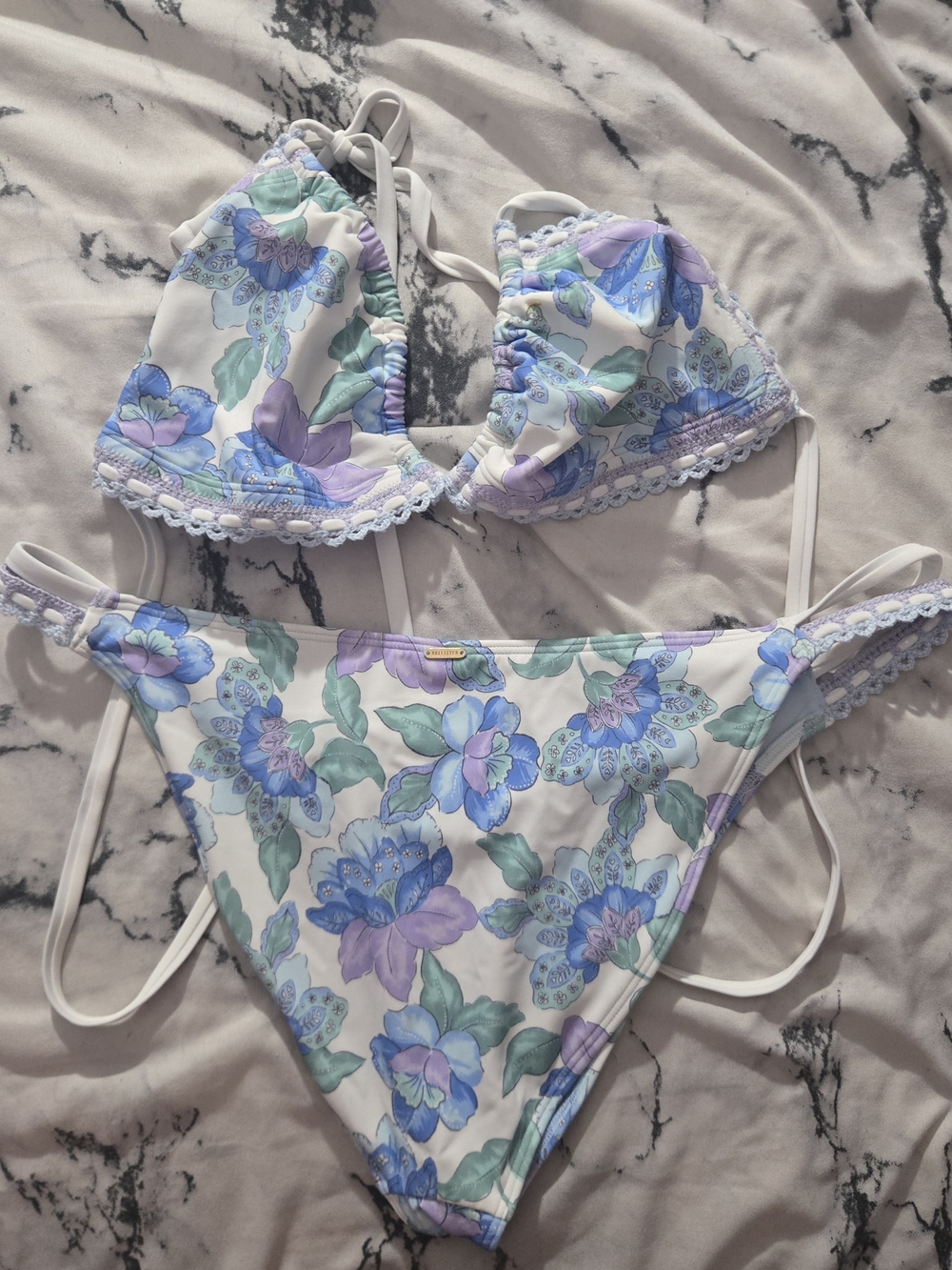Hollister Floral Lace-Trim Triangle Bikini in White, Blue & Purple